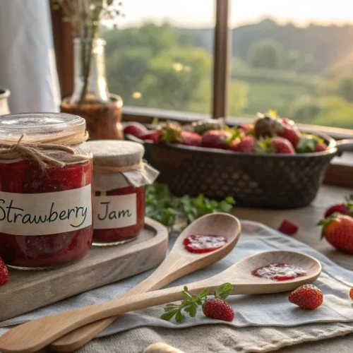 A beautiful rustic kitchen scene showing homemade strawberry jam in glass jars with handwritten labels, fresh strawberries sc