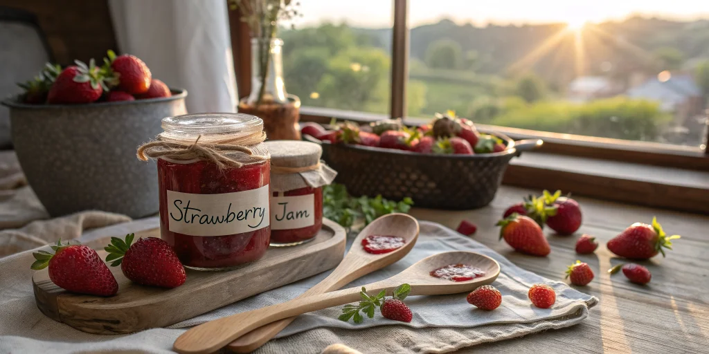 A beautiful rustic kitchen scene showing homemade strawberry jam in glass jars with handwritten labels, fresh strawberries sc