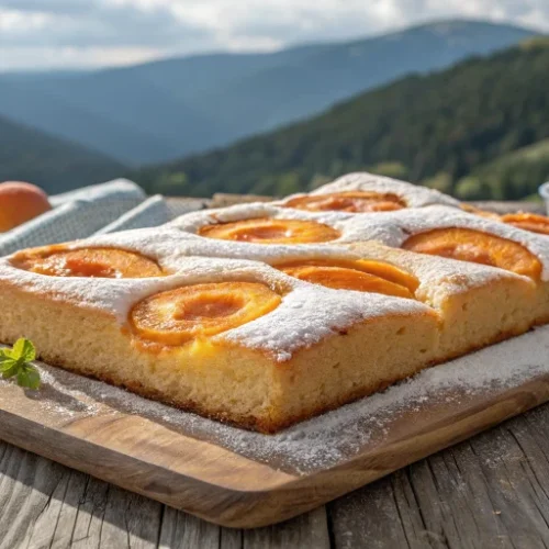 A delicious Austrian apricot sheet cake (Marillenkuchen) on a rustic wooden table, golden brown cake with fresh apricot halve