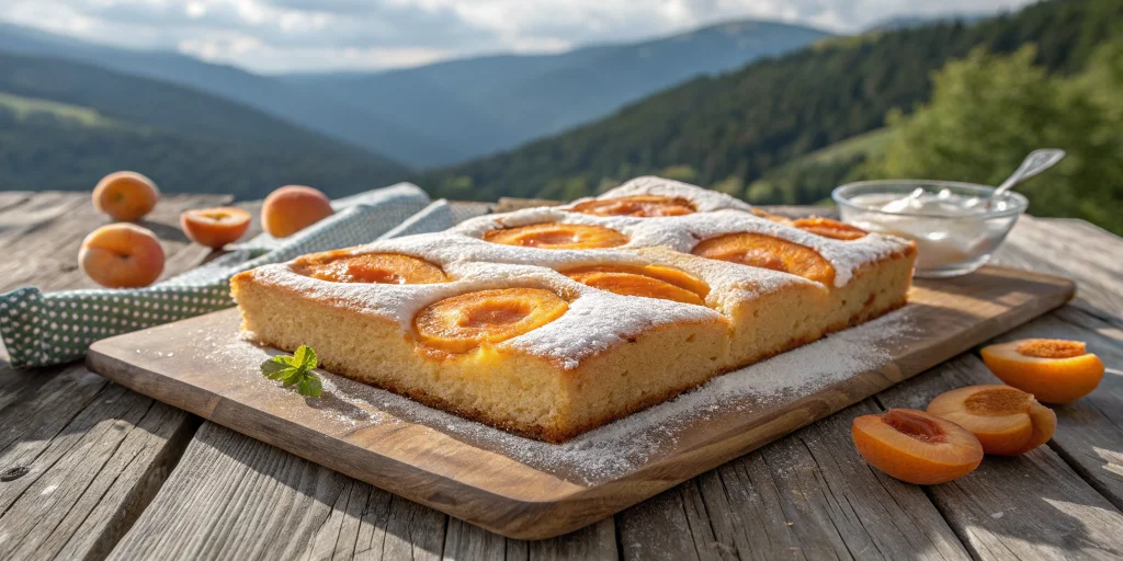 A delicious Austrian apricot sheet cake (Marillenkuchen) on a rustic wooden table, golden brown cake with fresh apricot halve