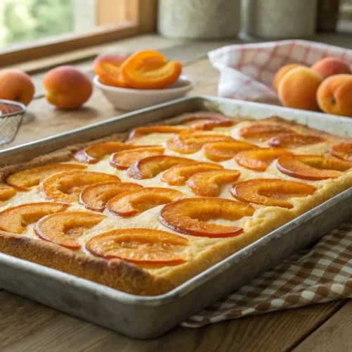 A rustic Austrian apricot sheet cake (Marillenkuchen) on a large rectangular baking tray, golden-brown cake base topped with