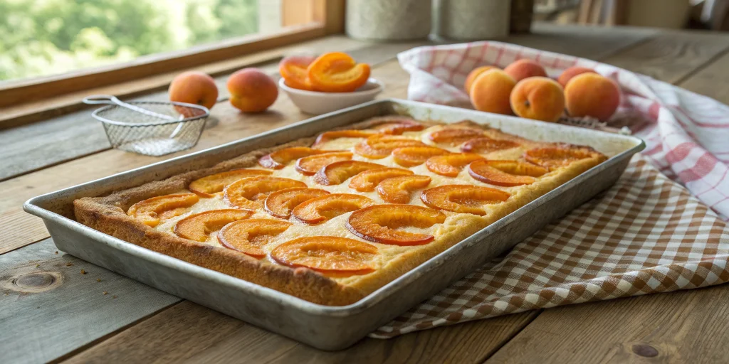 A rustic Austrian apricot sheet cake (Marillenkuchen) on a large rectangular baking tray, golden-brown cake base topped with
