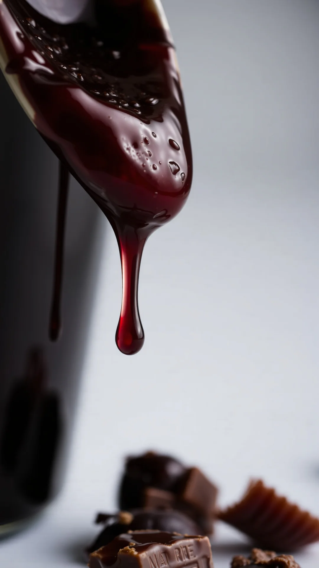 Artistic close-up of Amaretto cherry marmalade with chocolate bits, decadent dark appearance, dripping texture, studio food p