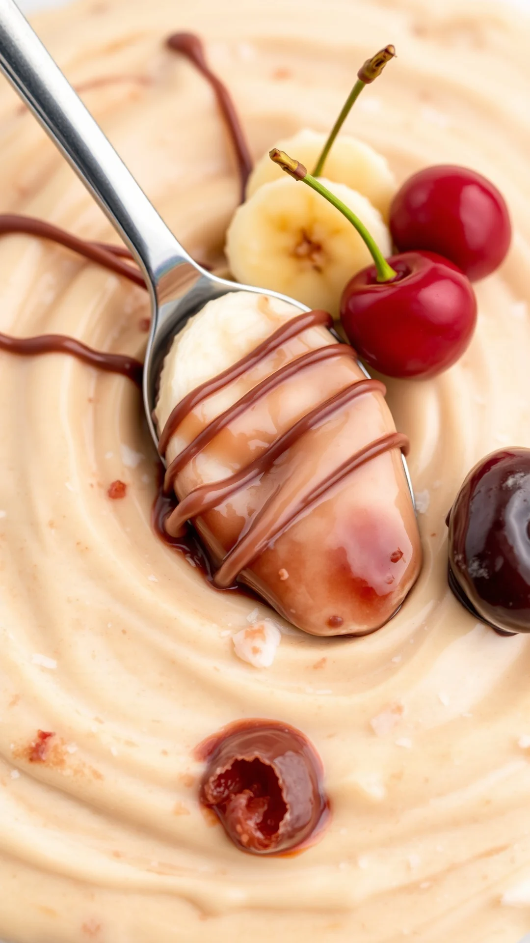 Banana chocolate cherry jam, creamy marbled texture, milk chocolate drizzled, fresh bananas and cherries arranged artfully, s
