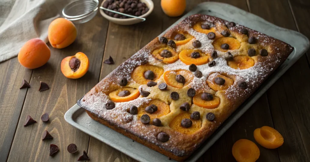 Beautiful apricot chocolate sheet cake with fresh apricots and dark chocolate chips on top, golden brown, dusted with powdere