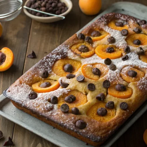 Beautiful apricot chocolate sheet cake with fresh apricots and dark chocolate chips on top, golden brown, dusted with powdere