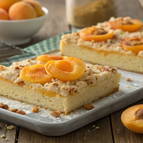 Beautiful Austrian apricot sheet cake with golden crumb topping, fresh halved apricots arranged on fluffy yeast dough base, g