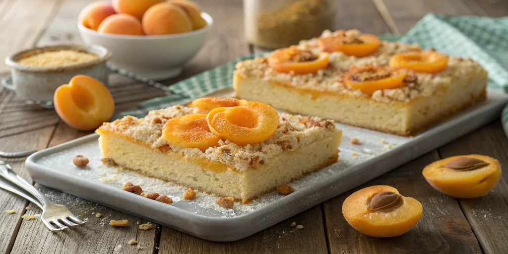 Beautiful Austrian apricot sheet cake with golden crumb topping, fresh halved apricots arranged on fluffy yeast dough base, g