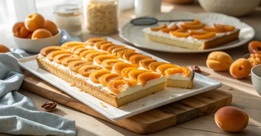 Beautiful Austrian apricot sheet cake with topfen cream and fresh halved apricots arranged in golden rows on a white ceramic