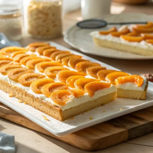 Beautiful Austrian apricot sheet cake with topfen cream and fresh halved apricots arranged in golden rows on a white ceramic