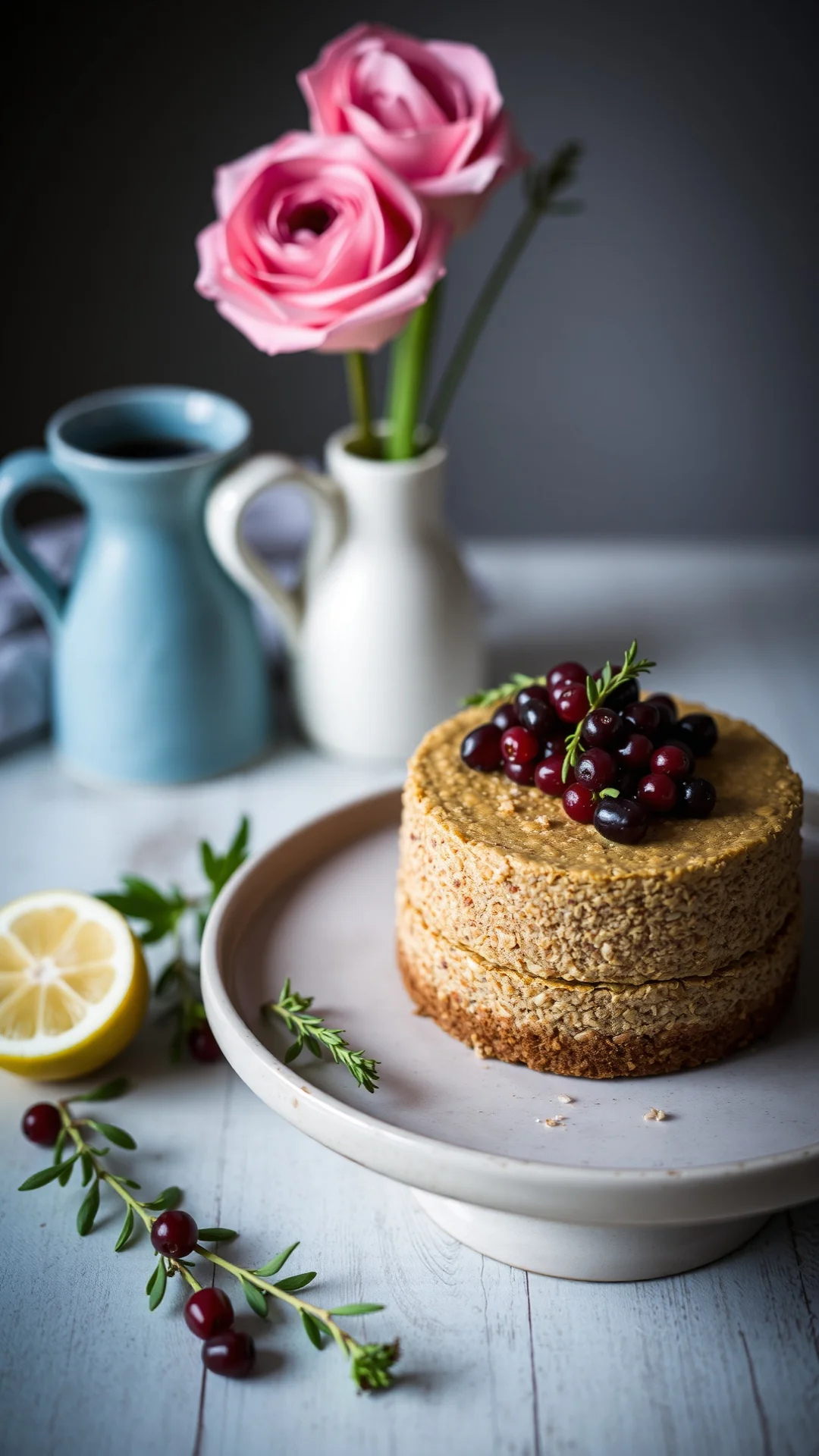 Beautiful buckwheat olive oil cake with red currant topping, elegant presentation, Mediterranean light, fresh organic feel