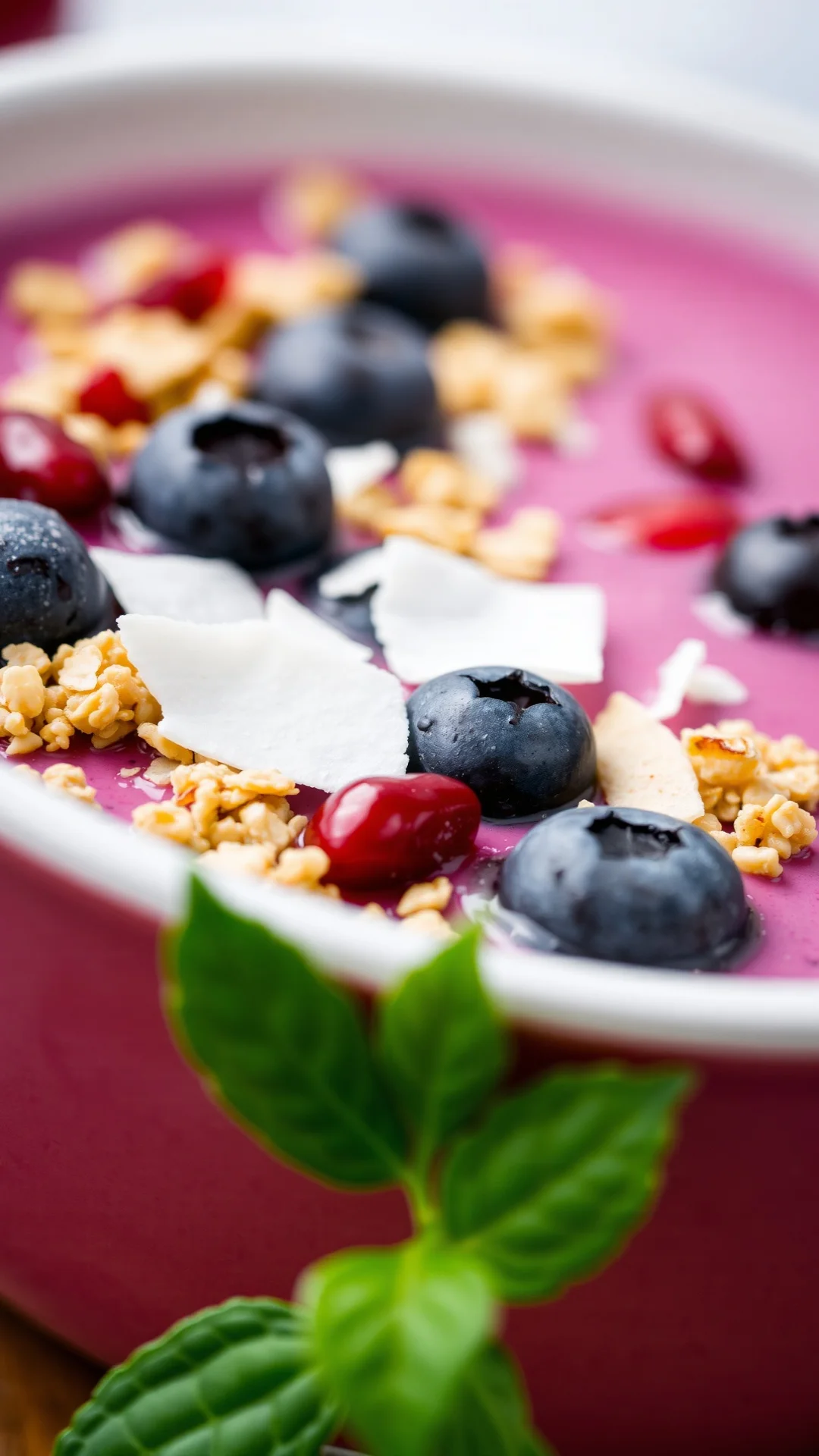 Beautiful cherry blueberry smoothie bowl with granola, coconut flakes and pomegranate seeds topping
