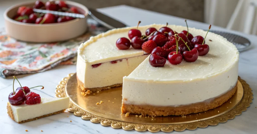 Beautiful creamy quark cake with fresh red cherries on top, golden-brown base, slice removed showing soft texture, profession