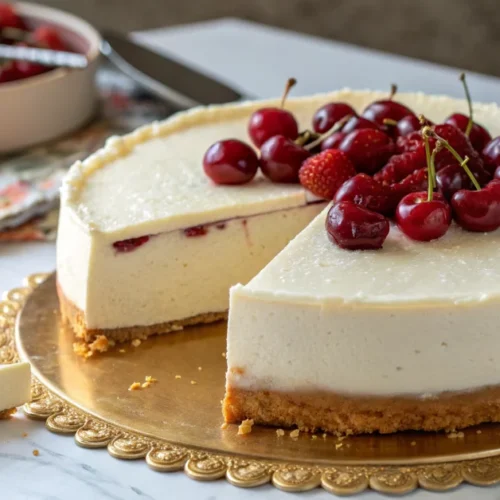 Beautiful creamy quark cake with fresh red cherries on top, golden-brown base, slice removed showing soft texture, profession