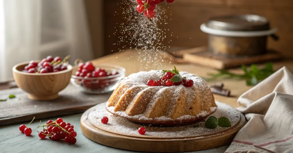 Beautiful golden-brown Johannisberry cake with powdered sugar dust in airfryer setting, fresh red berries on top, warm kitche