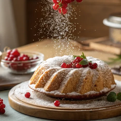Beautiful golden-brown Johannisberry cake with powdered sugar dust in airfryer setting, fresh red berries on top, warm kitche