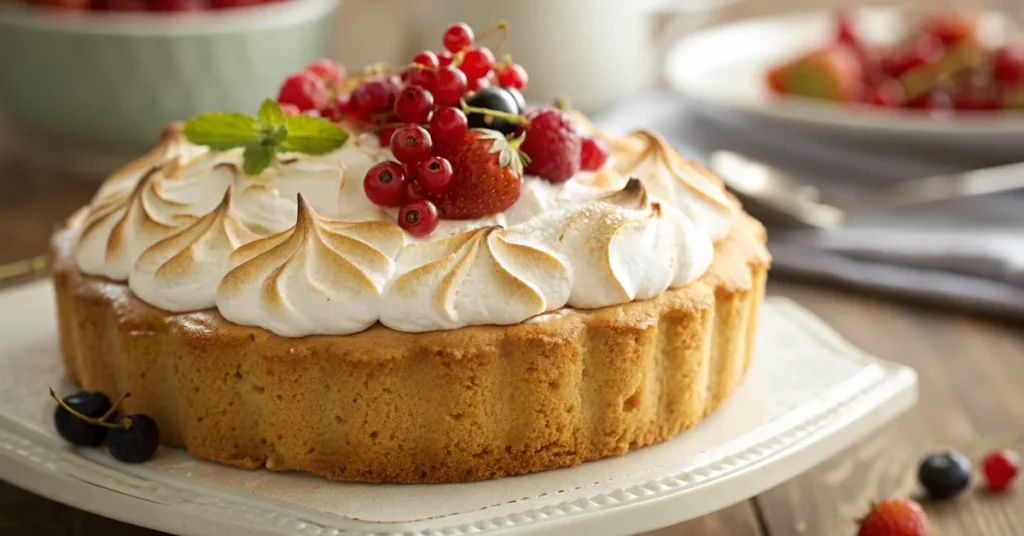 Beautiful golden-brown redcurrant cake with billowing meringue topping, fresh berries visible, professional food photography,