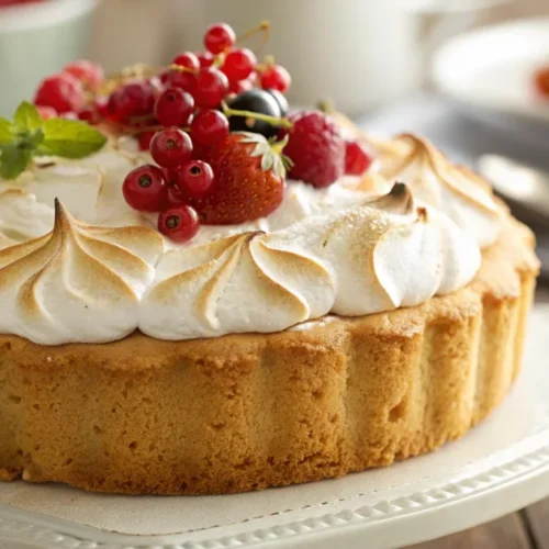 Beautiful golden-brown redcurrant cake with billowing meringue topping, fresh berries visible, professional food photography,