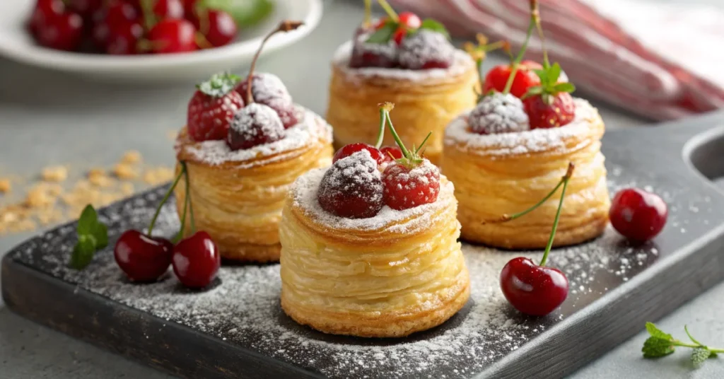 Beautiful golden crispy puff pastry cherry desserts topped with fresh red cherries, garnished with powdered sugar, profession