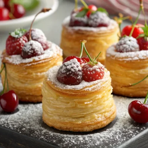 Beautiful golden crispy puff pastry cherry desserts topped with fresh red cherries, garnished with powdered sugar, profession