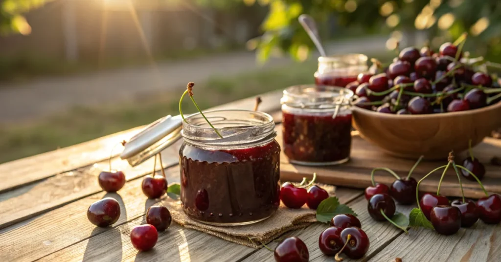 Beautiful homemade cherry jam in glass jars with fresh dark red ripe cherries scattered around on wooden table, golden sunlig