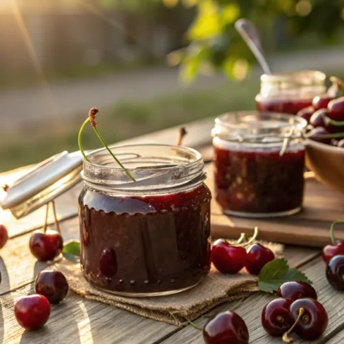 Beautiful homemade cherry jam in glass jars with fresh dark red ripe cherries scattered around on wooden table, golden sunlig