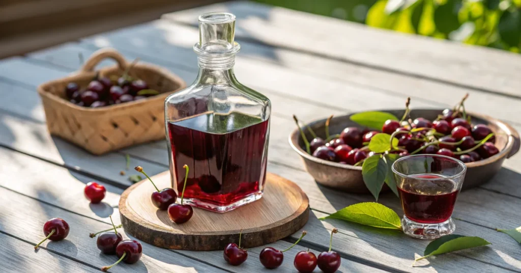 Beautiful homemade cherry liqueur in glass bottle with fresh dark red cherries scattered around, natural sunlight, elegant pr