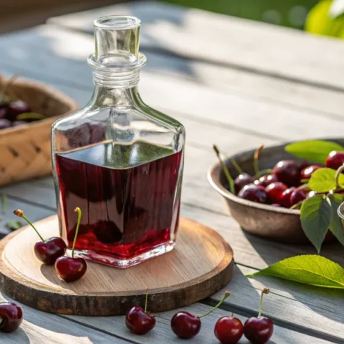 Beautiful homemade cherry liqueur in glass bottle with fresh dark red cherries scattered around, natural sunlight, elegant pr