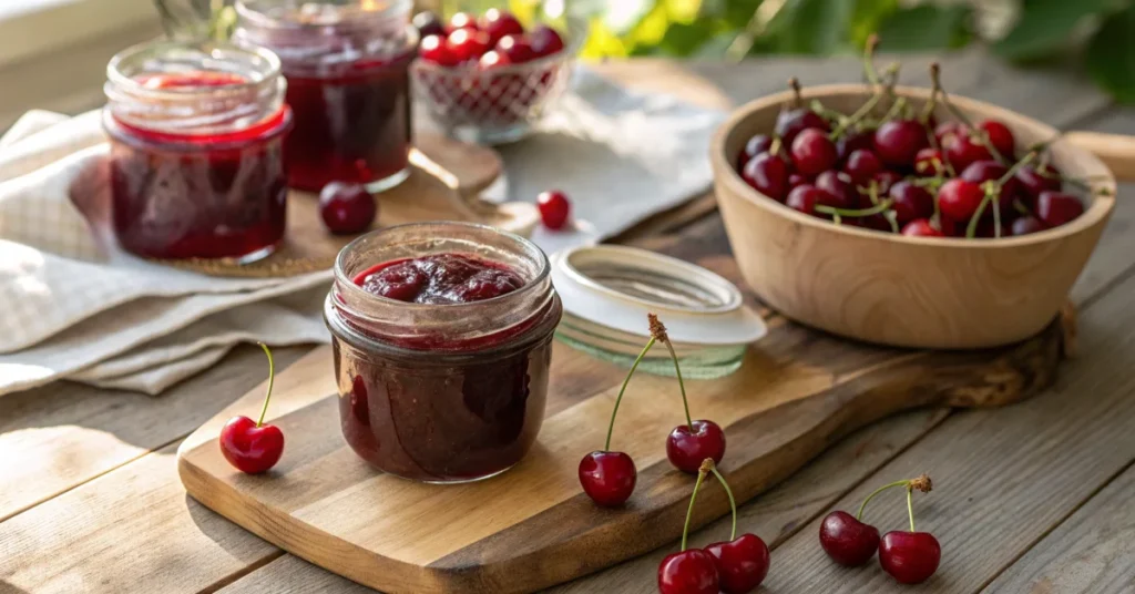 Beautiful homemade cherry marmalade with Amaretto in glass jars, fresh red cherries scattered around, warm sunlight, elegant
