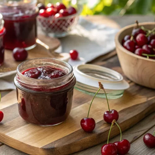 Beautiful homemade cherry marmalade with Amaretto in glass jars, fresh red cherries scattered around, warm sunlight, elegant