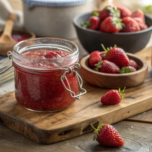 Beautiful homemade strawberry jam in glass jars on rustic wooden kitchen counter, vibrant red color, fresh texture visible, s