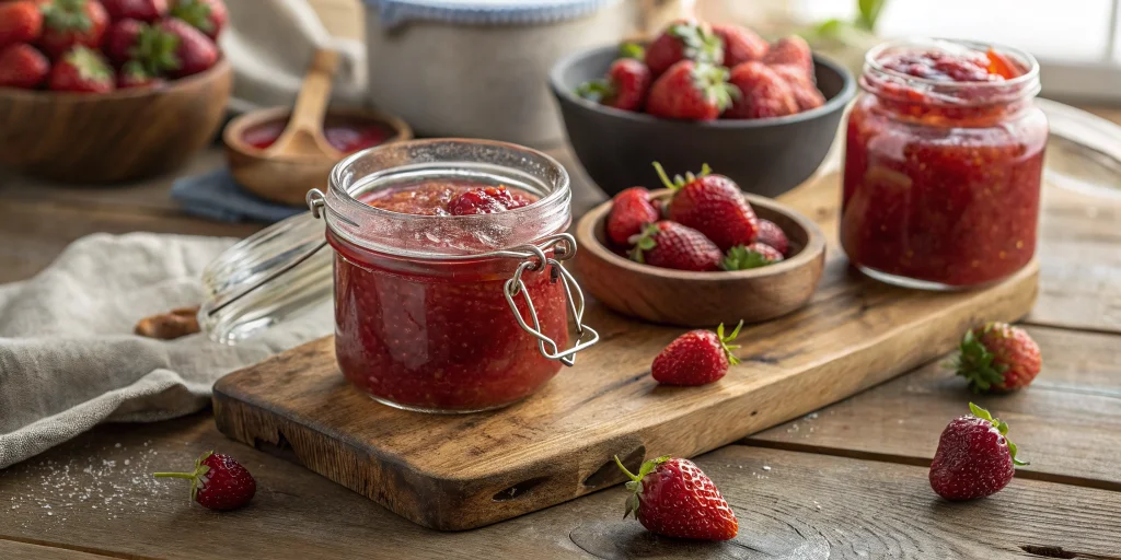 Beautiful homemade strawberry jam in glass jars on rustic wooden kitchen counter, vibrant red color, fresh texture visible, s