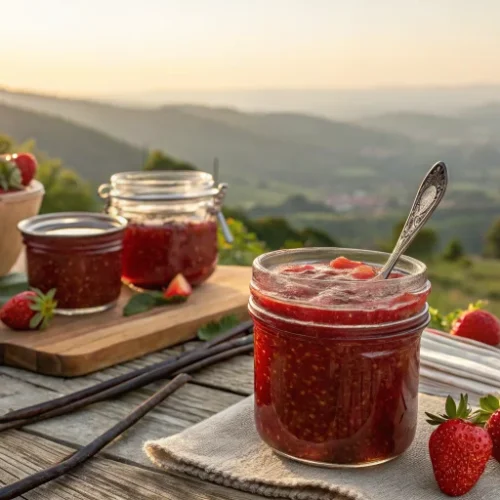 Beautiful homemade strawberry vanilla jam in glass jars on rustic wooden table, fresh strawberries scattered around, vanilla