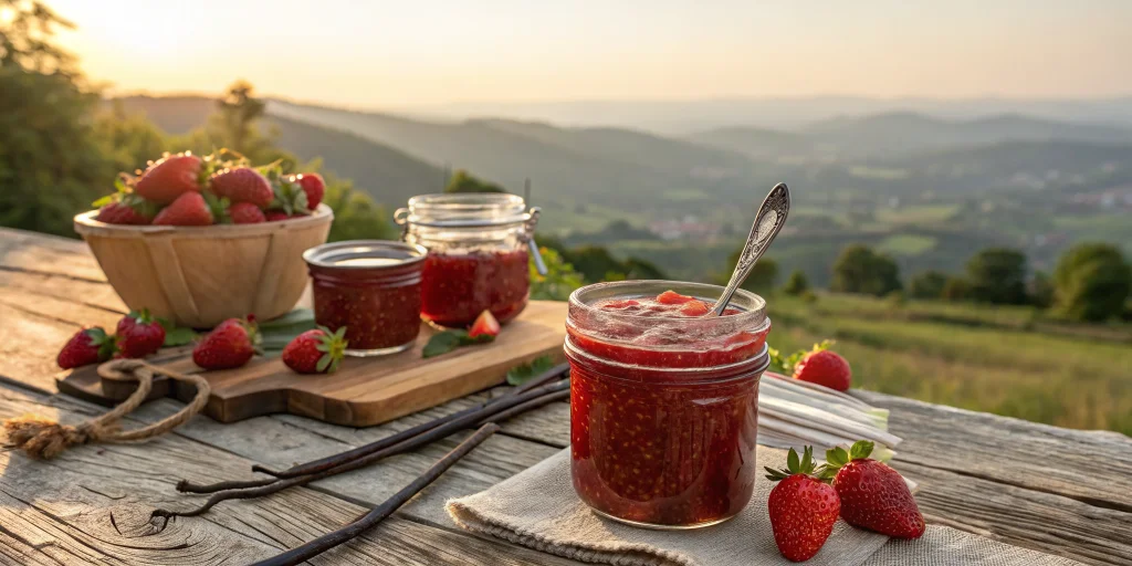 Beautiful homemade strawberry vanilla jam in glass jars on rustic wooden table, fresh strawberries scattered around, vanilla