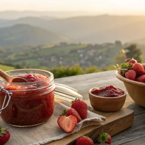 Beautiful jar of homemade sugar-free strawberry jam with fresh strawberries, rustic kitchen setting, golden morning light, gl