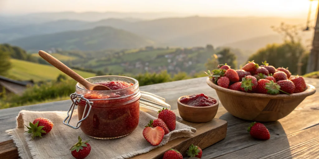 Beautiful jar of homemade sugar-free strawberry jam with fresh strawberries, rustic kitchen setting, golden morning light, gl