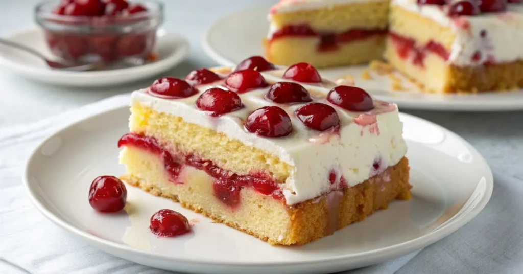 Beautiful sliced cherry pudding cake on a white plate, creamy vanilla pudding layer with fresh red cherries, golden sponge ca