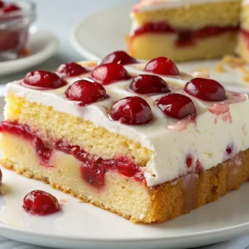 Beautiful sliced cherry pudding cake on a white plate, creamy vanilla pudding layer with fresh red cherries, golden sponge ca