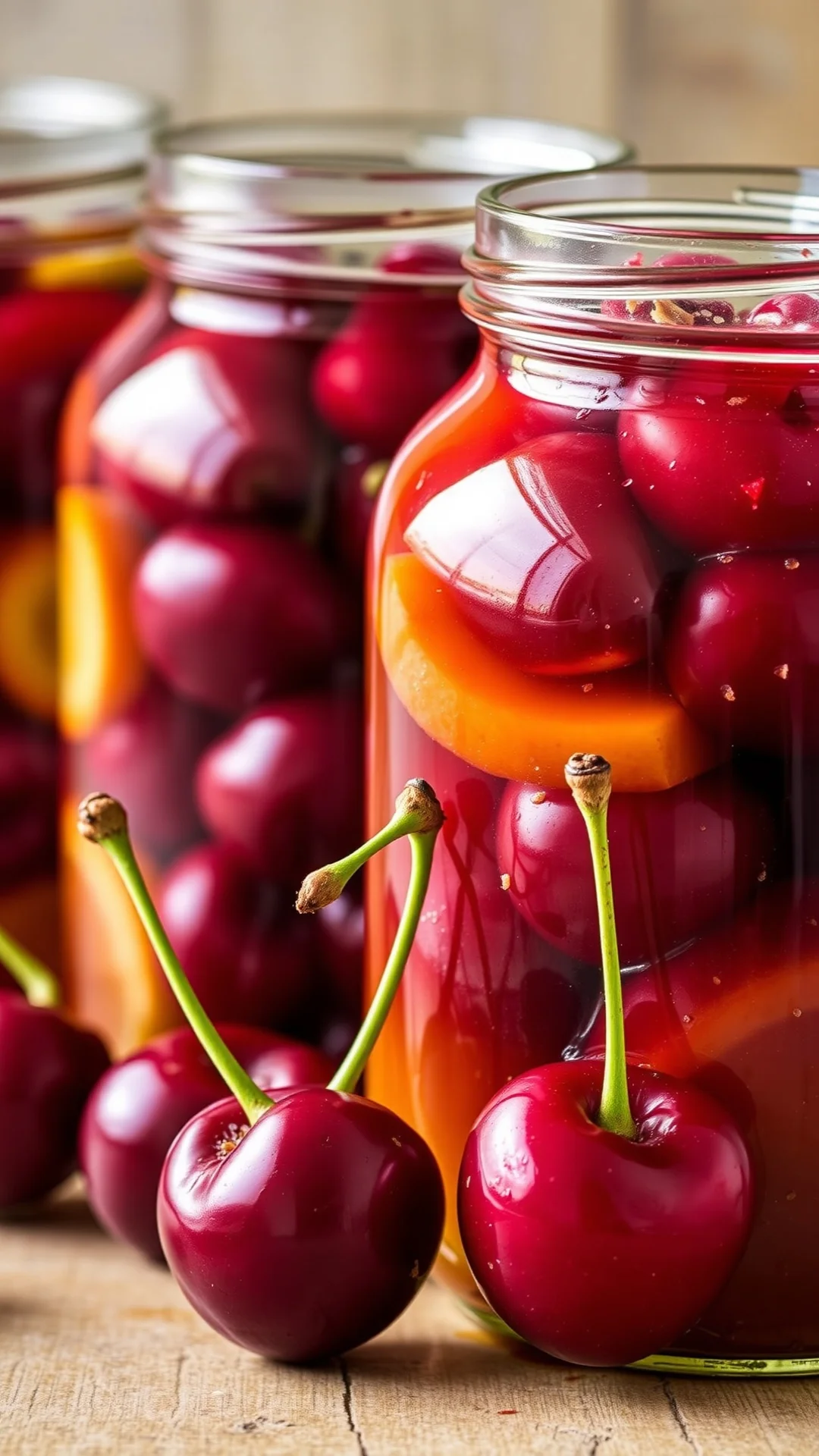 Beautifully preserved whole sweet cherries with stems in glass jars, golden sugar syrup, lemon slices visible, traditional ca