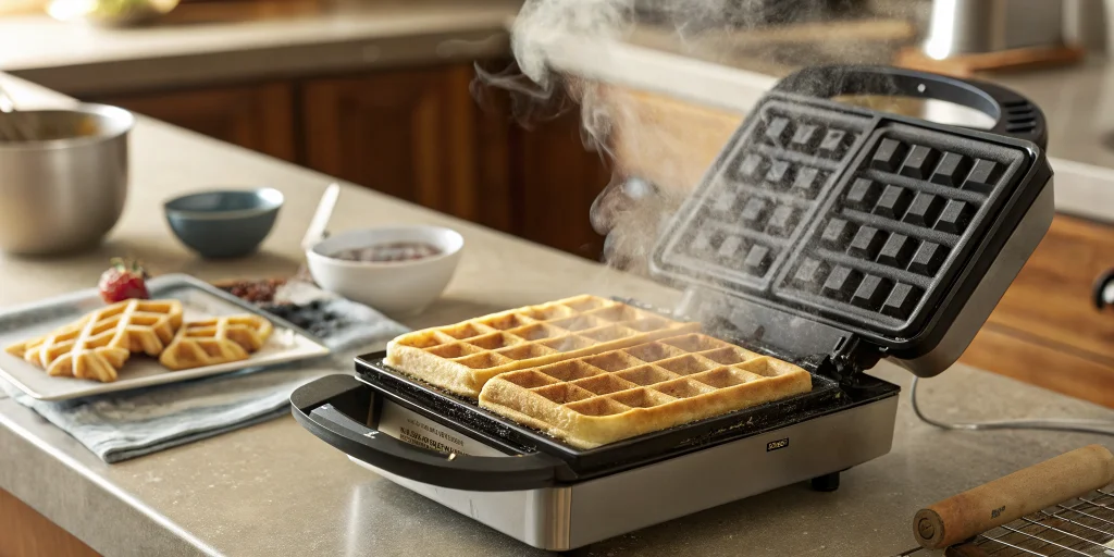 Belgian waffle iron with golden waffle being removed, steam rising from fresh hot waffle, kitchen counter setting, warm light