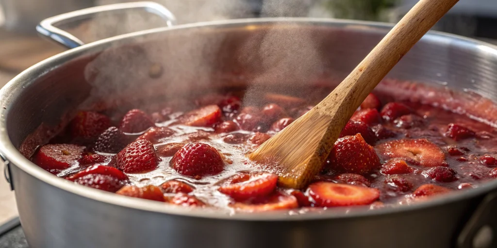 Bubbling strawberry jam in a large pot during the cooking process, showing the rich red color and texture, with a wooden spoo