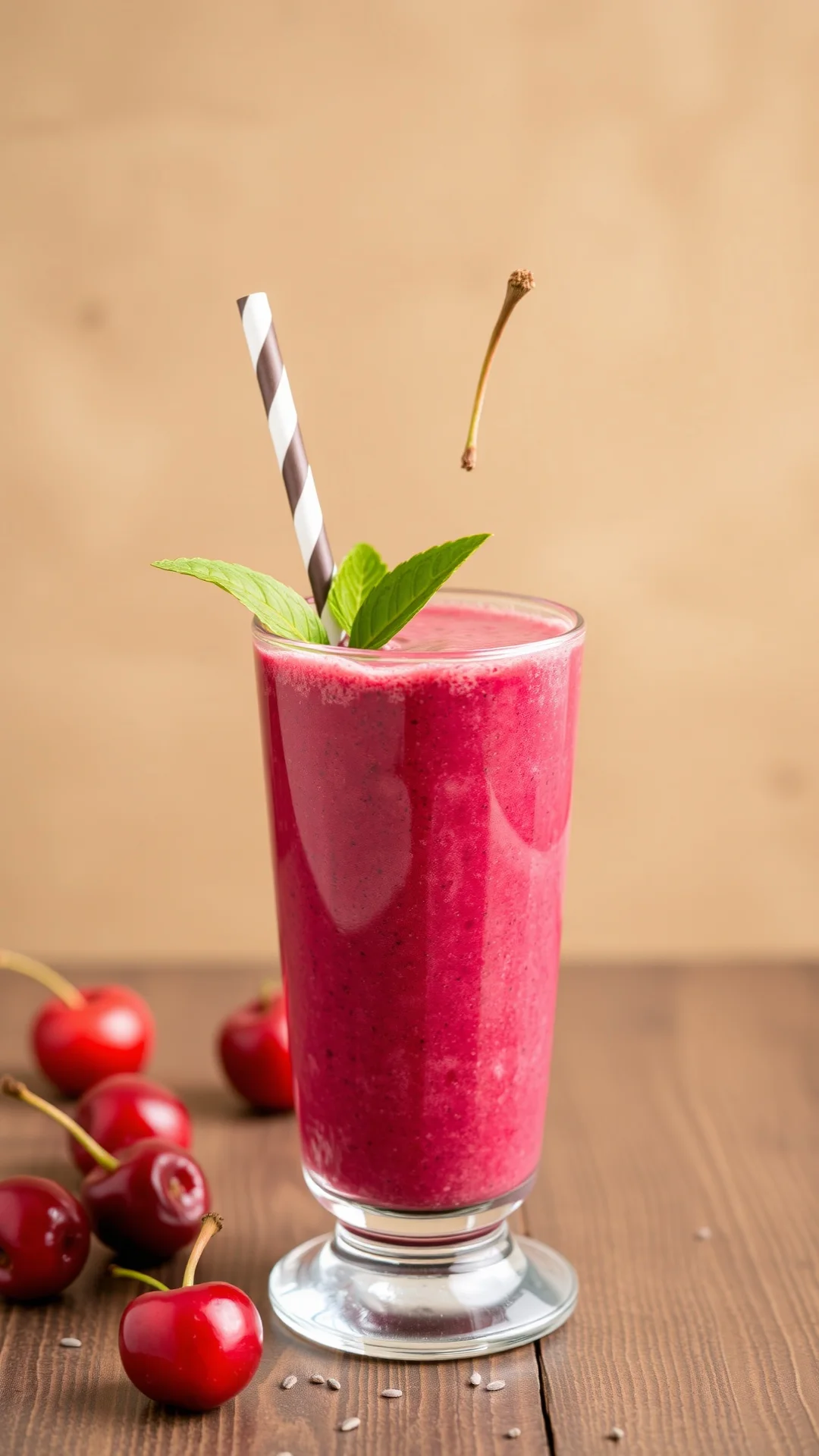 Cherry almond smoothie in tall glass with chia seeds, vibrant red color, healthy drink photography