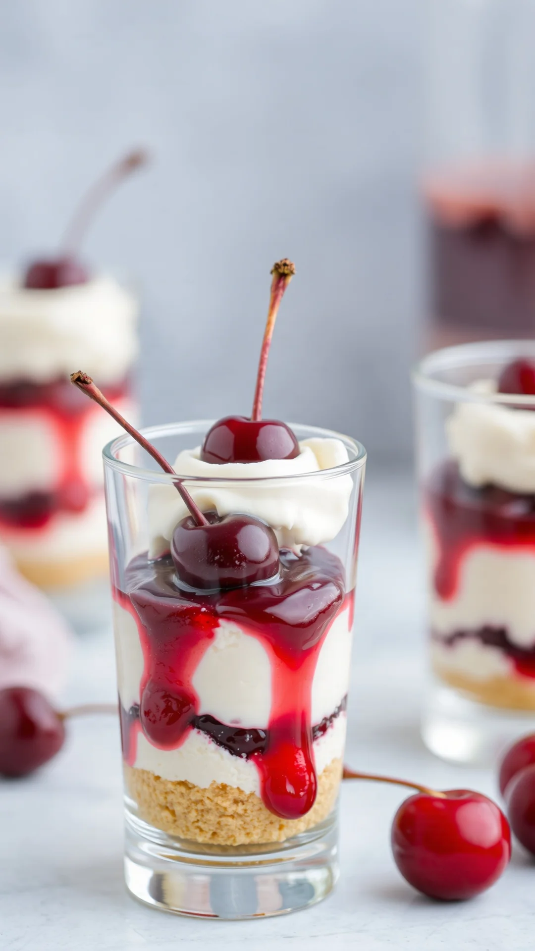 Cherry cheesecake dessert in glass, buttery cookie base, creamy cheesecake filling, topped with glossy cherry compote, vertic