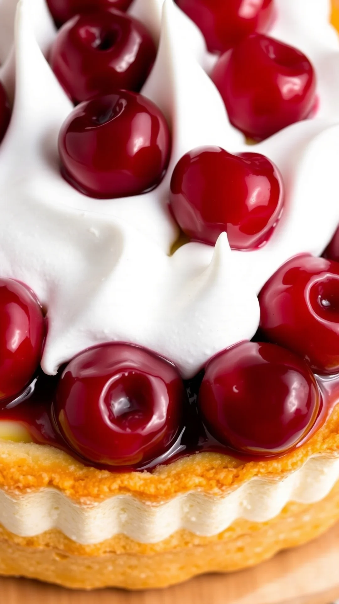 Cherry meringue tart with piped white baiser, glossy red cherries, vanilla custard filling, golden pastry crust, dessert show