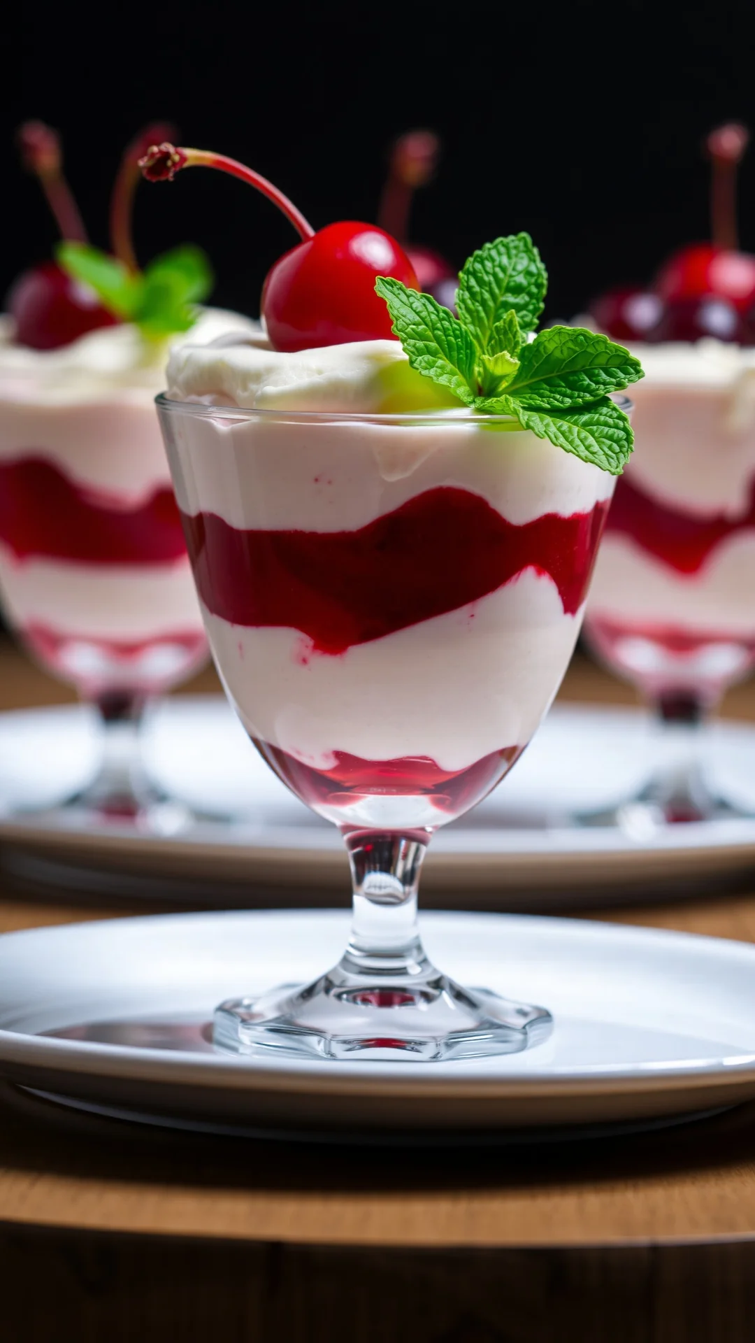 Cherry mousse dessert in glass, layered red and cream, fresh berries, mint leaf garnish, portrait view, studio lighting, soph