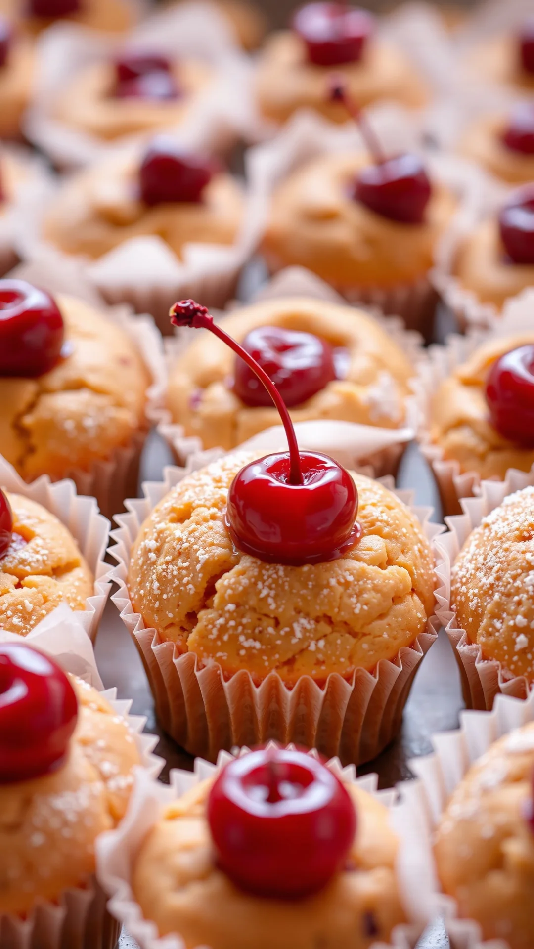 Cherry muffins in paper cases, fluffy texture, glossy cherries on top, powdered sugar dusting, portrait view, bright bakery l