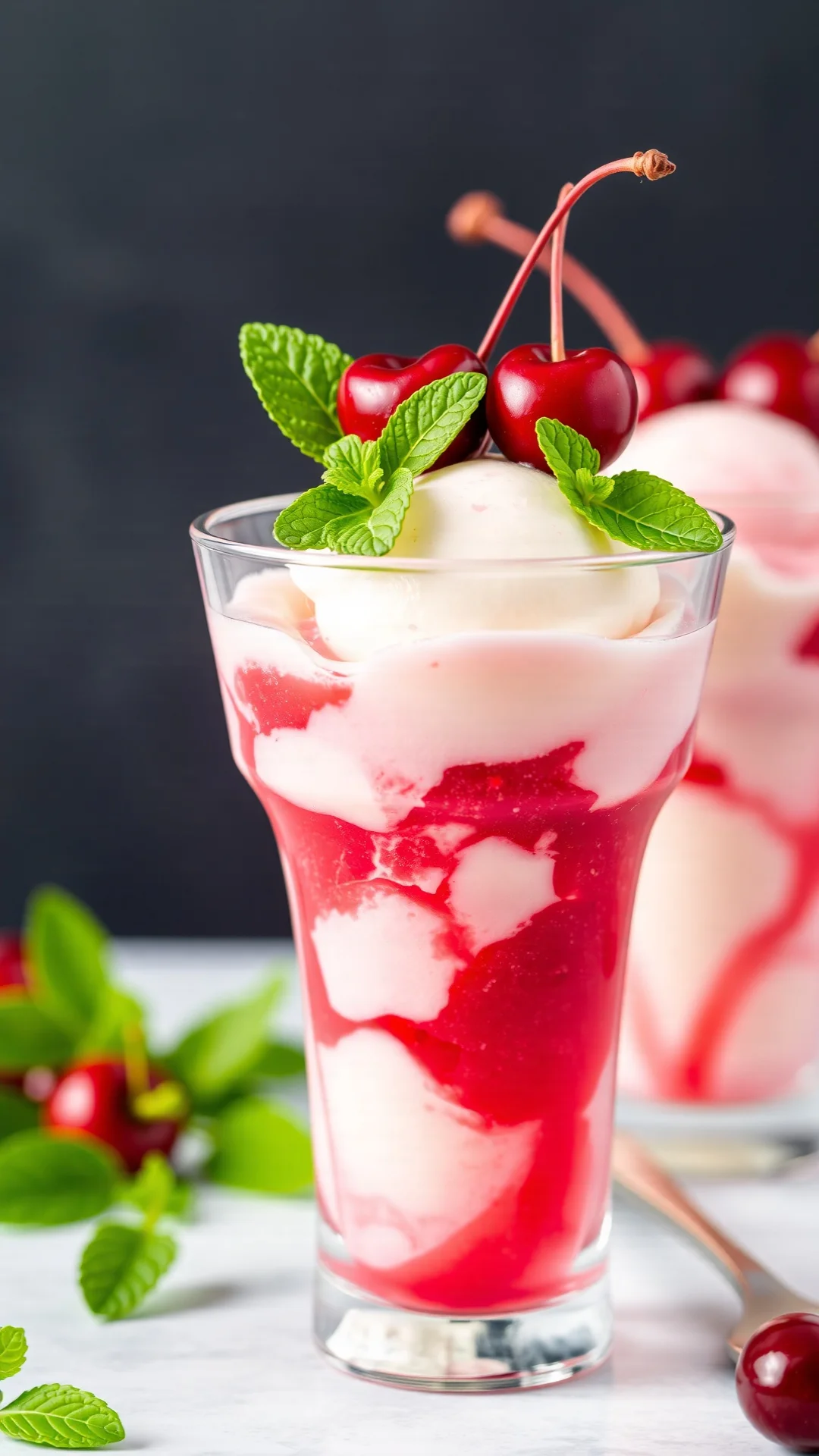 Cherry sorbet and vanilla ice cream layered in glass, contrasting colors of deep red and cream, fresh mint leaves and whole c