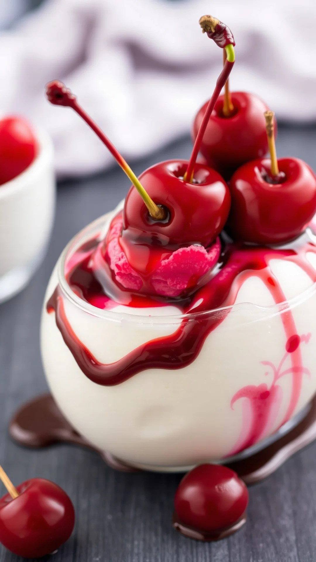 Cherry sorbet sundae with vanilla ice cream, chocolate sauce drizzle, fresh cherries on top, vibrant red colors, indulgent ic
