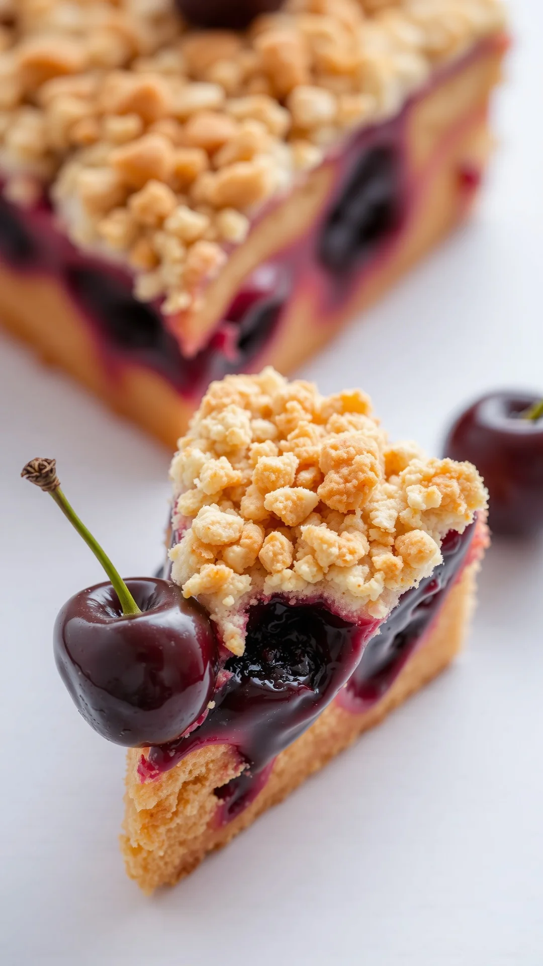 Classic cherry cake with crumb topping, golden brown sponge, fresh dark cherries, close-up portrait orientation, studio light