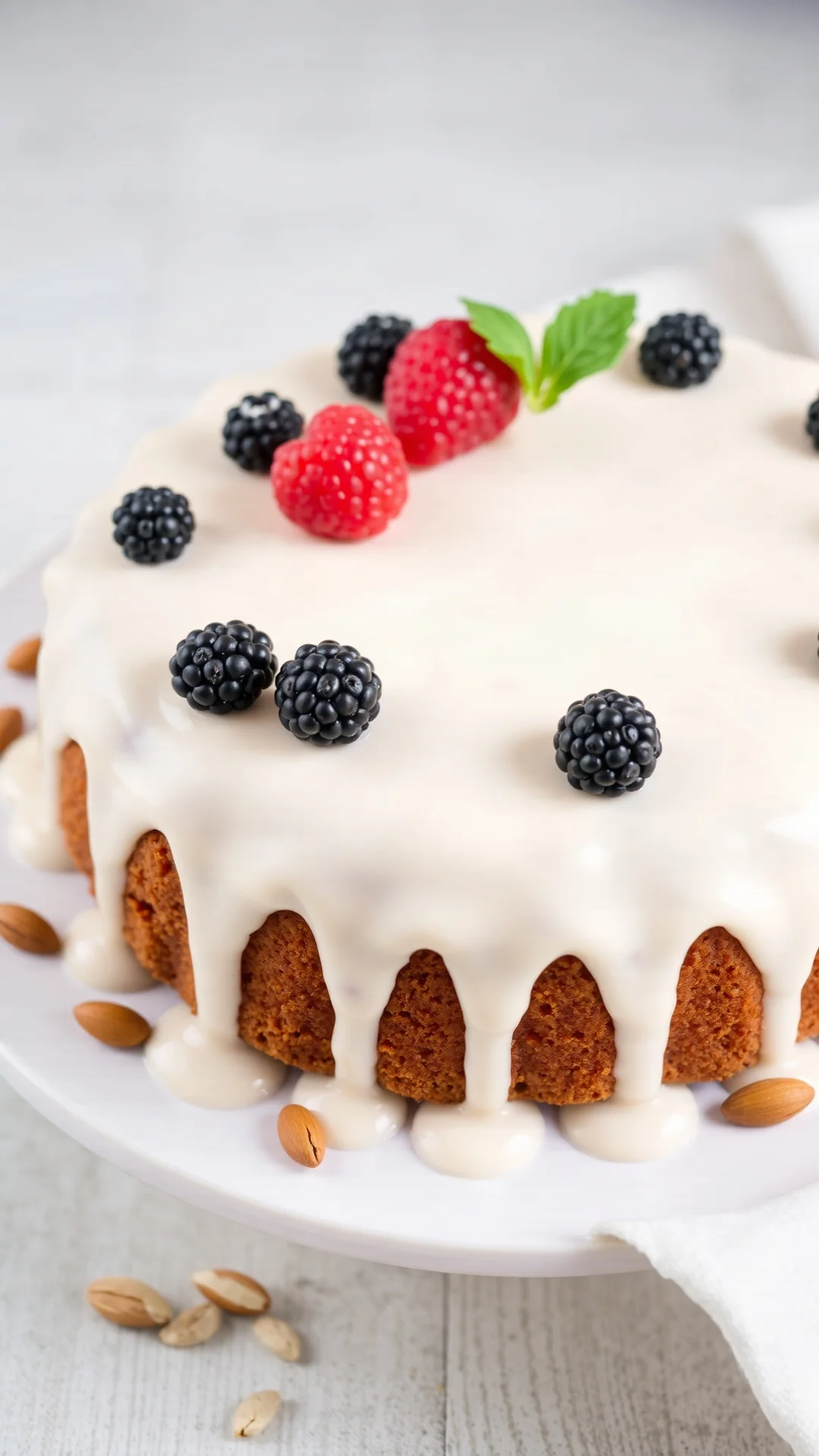 Classic round almond currant cake with white icing glaze and fresh berries on top, almonds scattered around, elegant presenta
